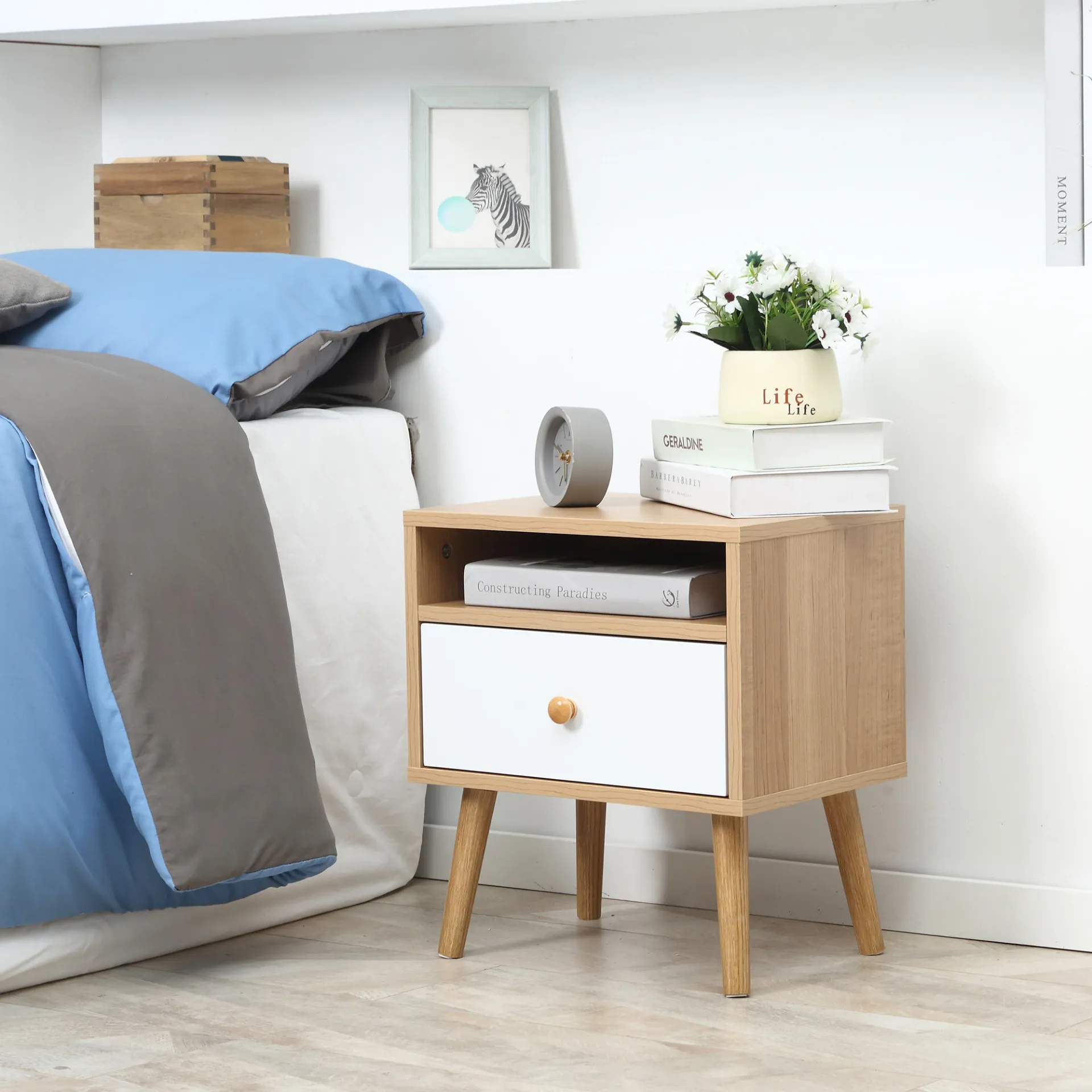 HOMCOM Modern Bedside Table with Drawer and Shelf - Stylish Natural Nightstand, Ample Storage