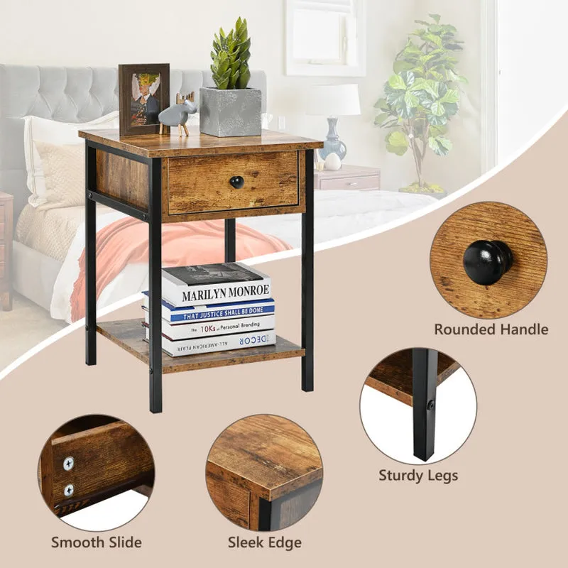 Industrial Nightstand with Drawer and Shelf for Living Room and Bedroom