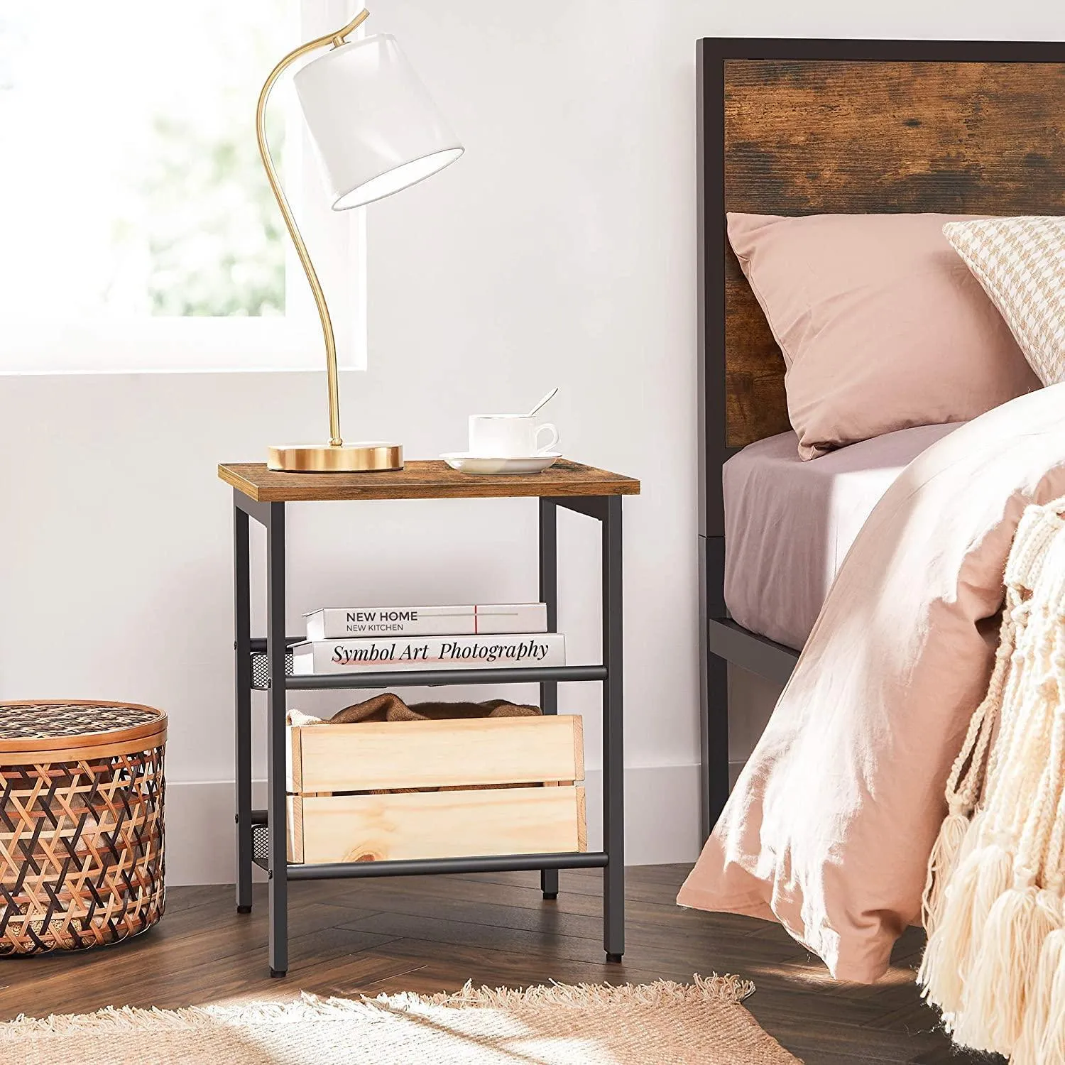 Industrial Set of 2 Bedside Tables with Adjustable Mesh Shelves Rustic Brown and Black