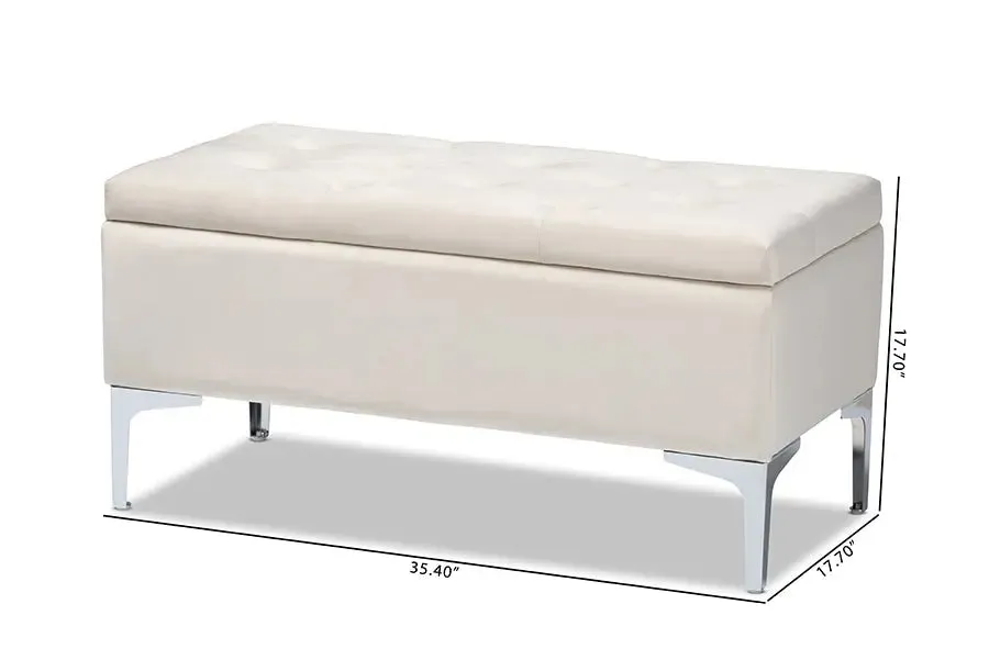 Keswick Beige Velvet Fabric Upholstered Silver Finished Storage Ottoman