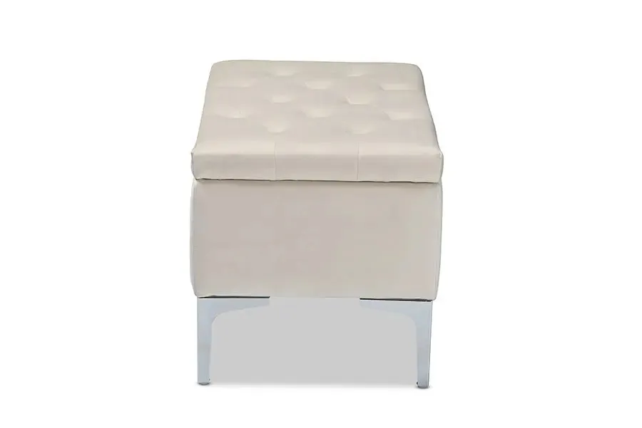 Keswick Beige Velvet Fabric Upholstered Silver Finished Storage Ottoman