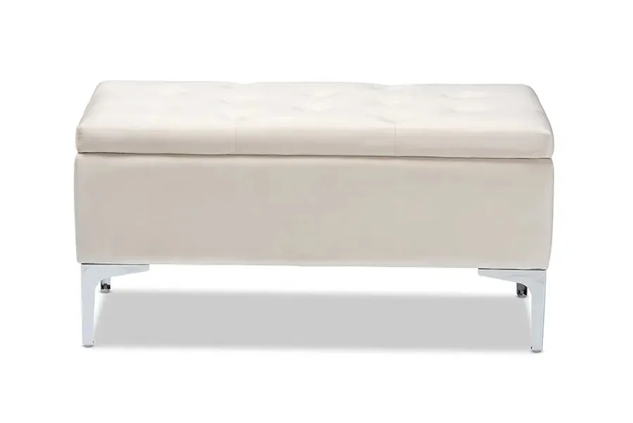 Keswick Beige Velvet Fabric Upholstered Silver Finished Storage Ottoman