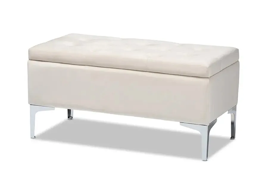 Keswick Beige Velvet Fabric Upholstered Silver Finished Storage Ottoman