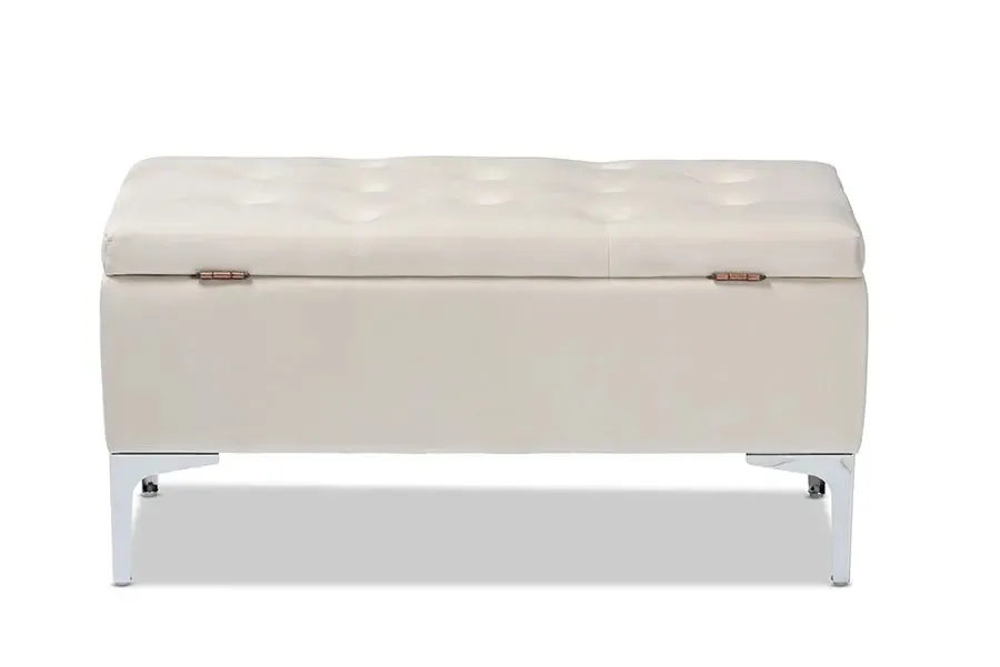 Keswick Beige Velvet Fabric Upholstered Silver Finished Storage Ottoman