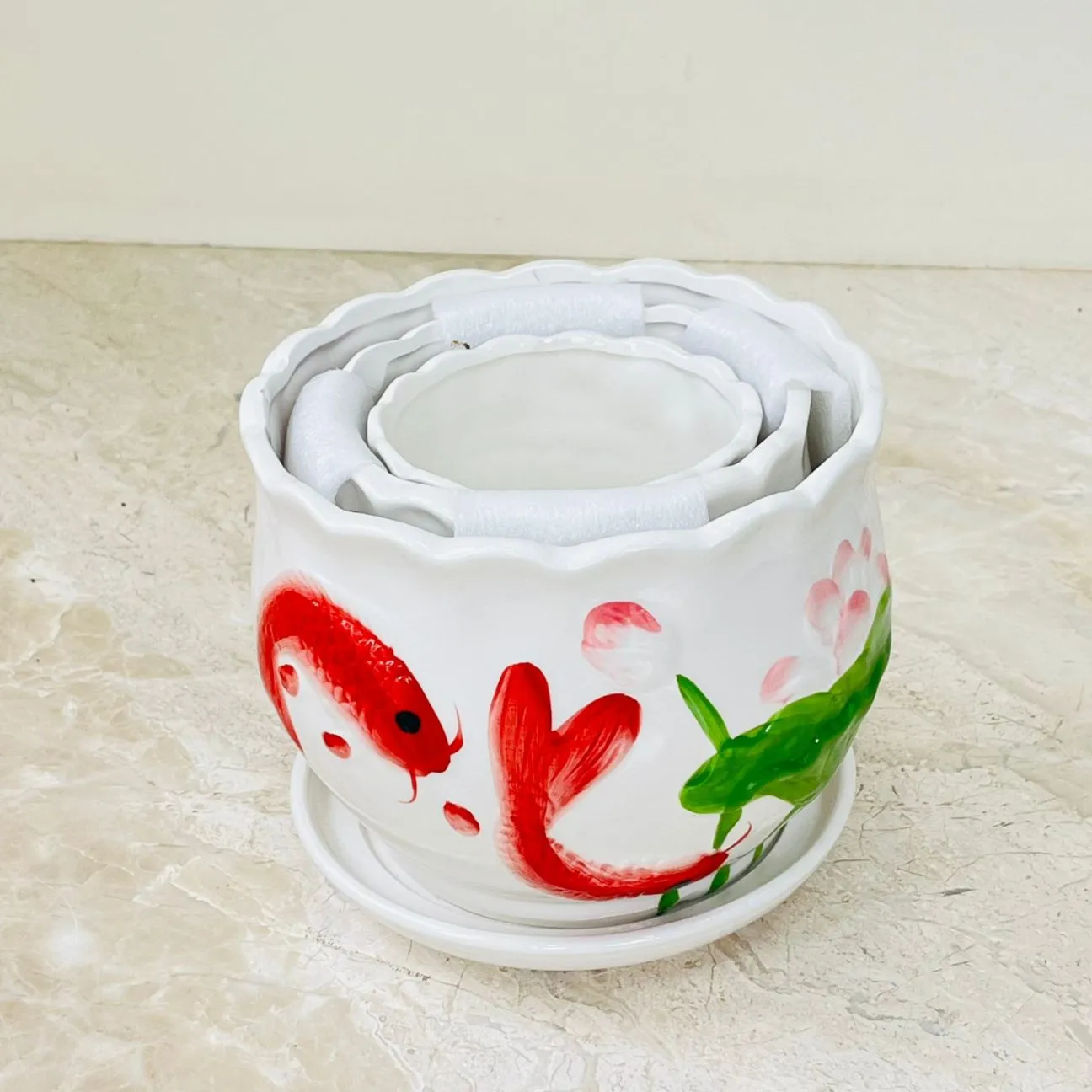 Koi Harmony Ceramic Planter Set Of 3