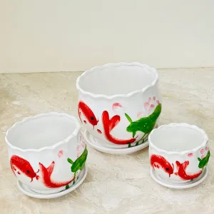 Koi Harmony Ceramic Planter Set Of 3