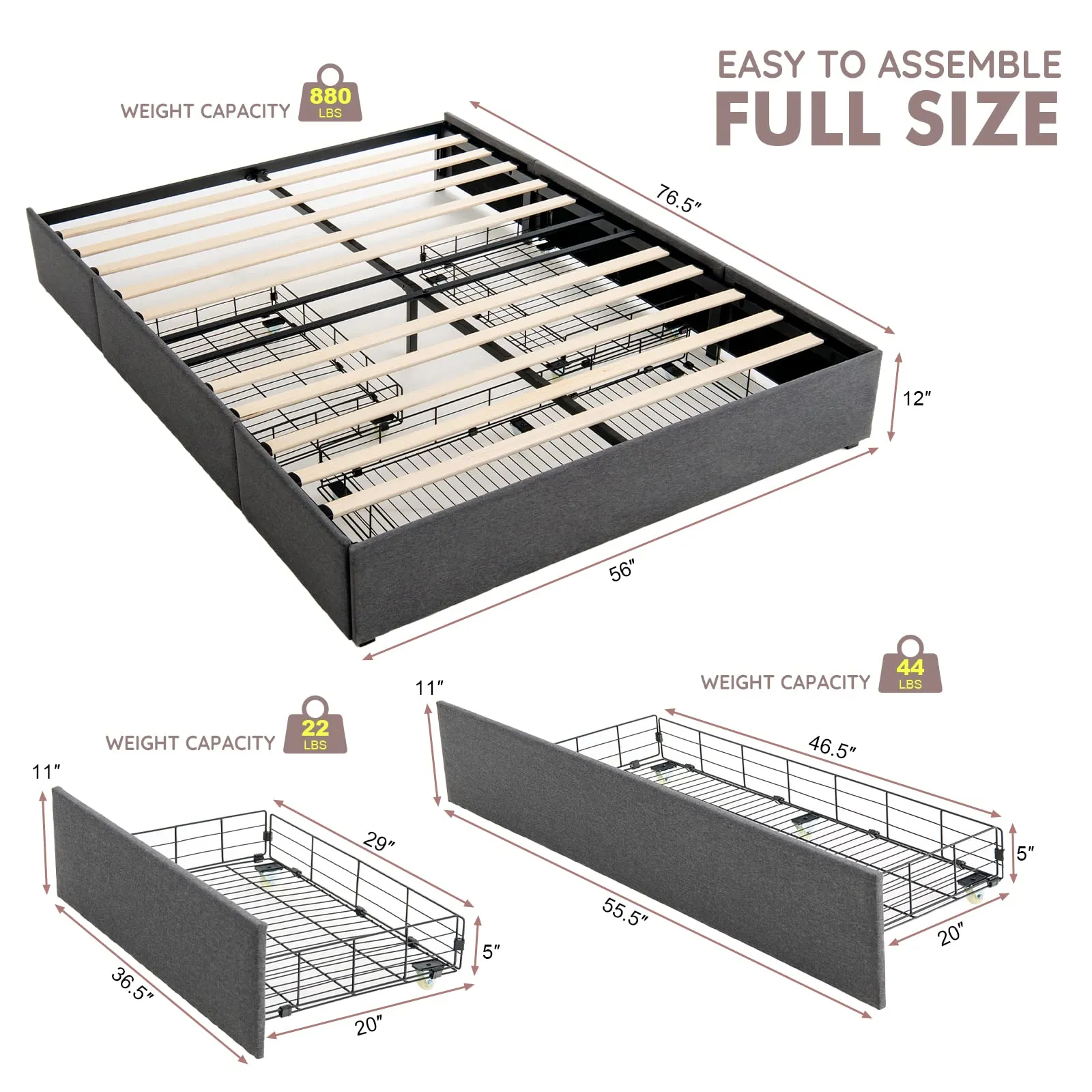 KOMFOTT Bed Frame with 3 Drawers, Heavy Duty Full Queen Size Platform Bed with Wooden Slats