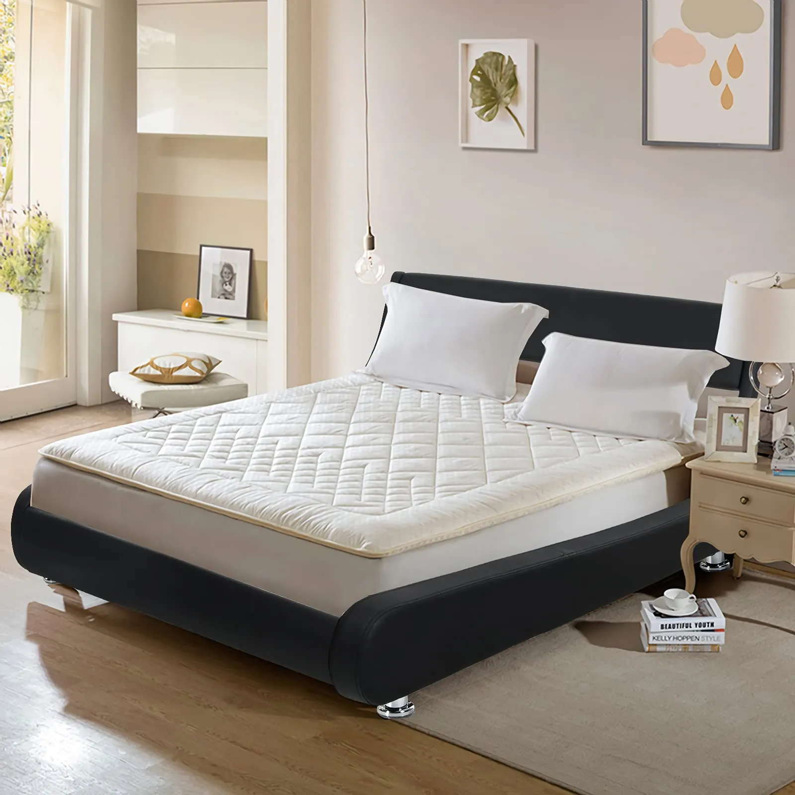 KOMFOTT Faux Leather Bed Frame, Upholstered Mattress Foundation with Adjustable Headboard