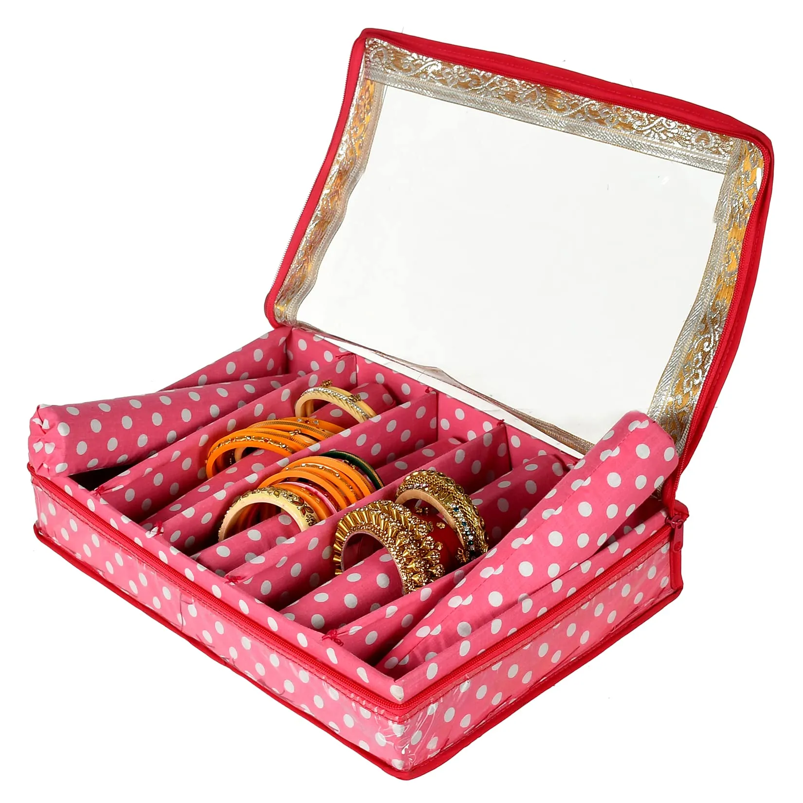 Kuber Industries Dot Printed Laminated 5 Rod Bangle, Chudi, Watches & Bracelet Box/Organizer With Transparent Top (Pink)-HS43KUBMART25545