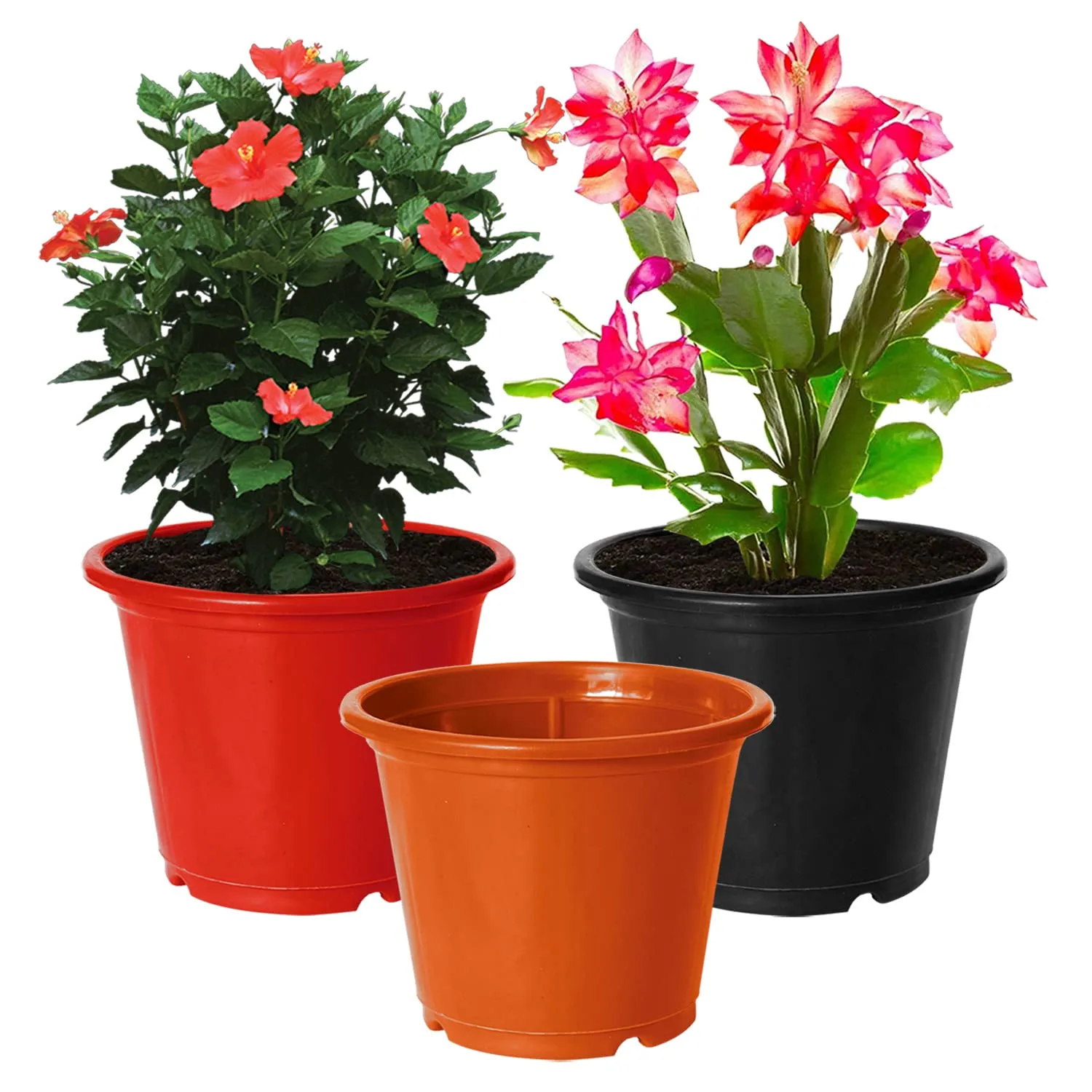 Kuber Industries Durable Plastic Flower Pot|Gamla for Indoor Home Decor & Outdoor Balcony,Garden,6"x5",Pack of 3 (Red,Black,Orange)