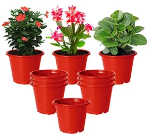 Kuber Industries Durable Plastic Flower Pot|Gamla with Drain Holes for Indoor Home Decor & Outdoor Balcony,Garden,6"x5",Pack of 10 (Red)