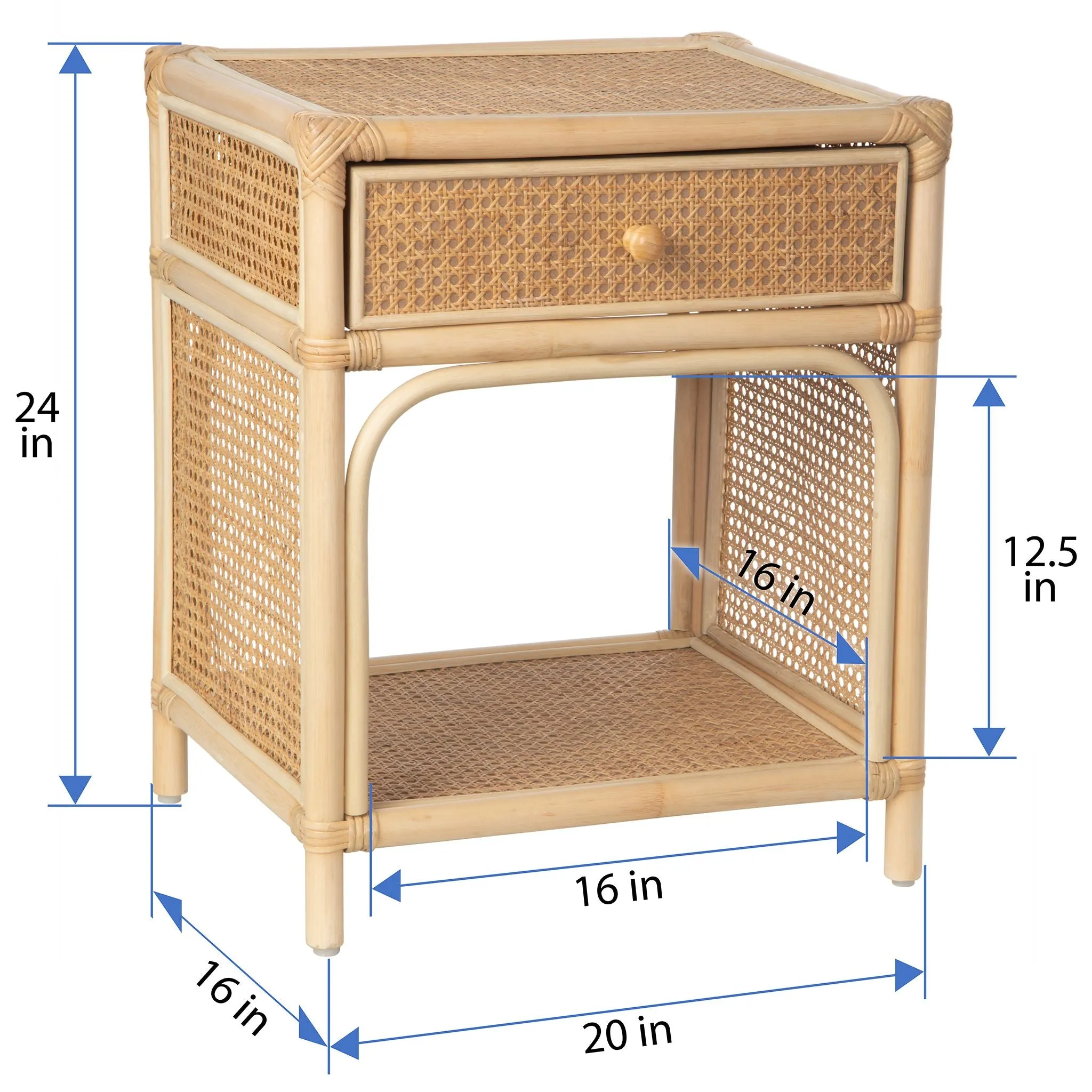 Latitude Rattan Cane Bedside Table with Drawer and Open Shelf, Natural