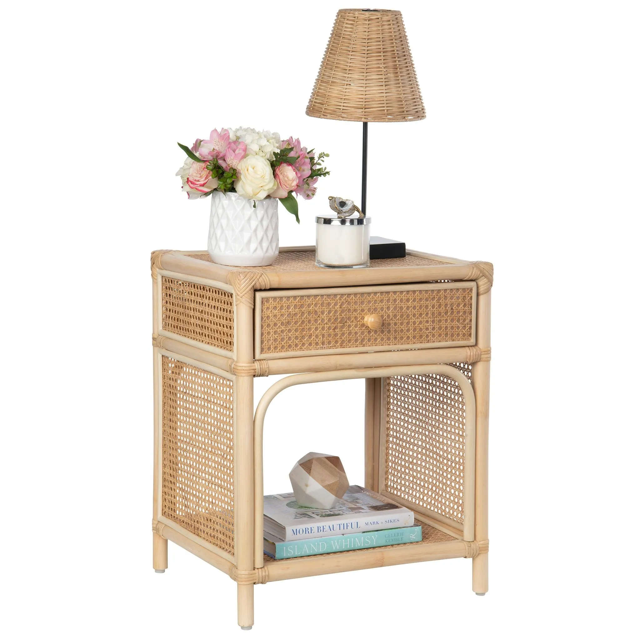 Latitude Rattan Cane Bedside Table with Drawer and Open Shelf, Natural