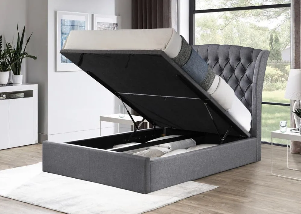 Lusso Fabric Bed Frame with Lift Up Storage Dark Grey / White