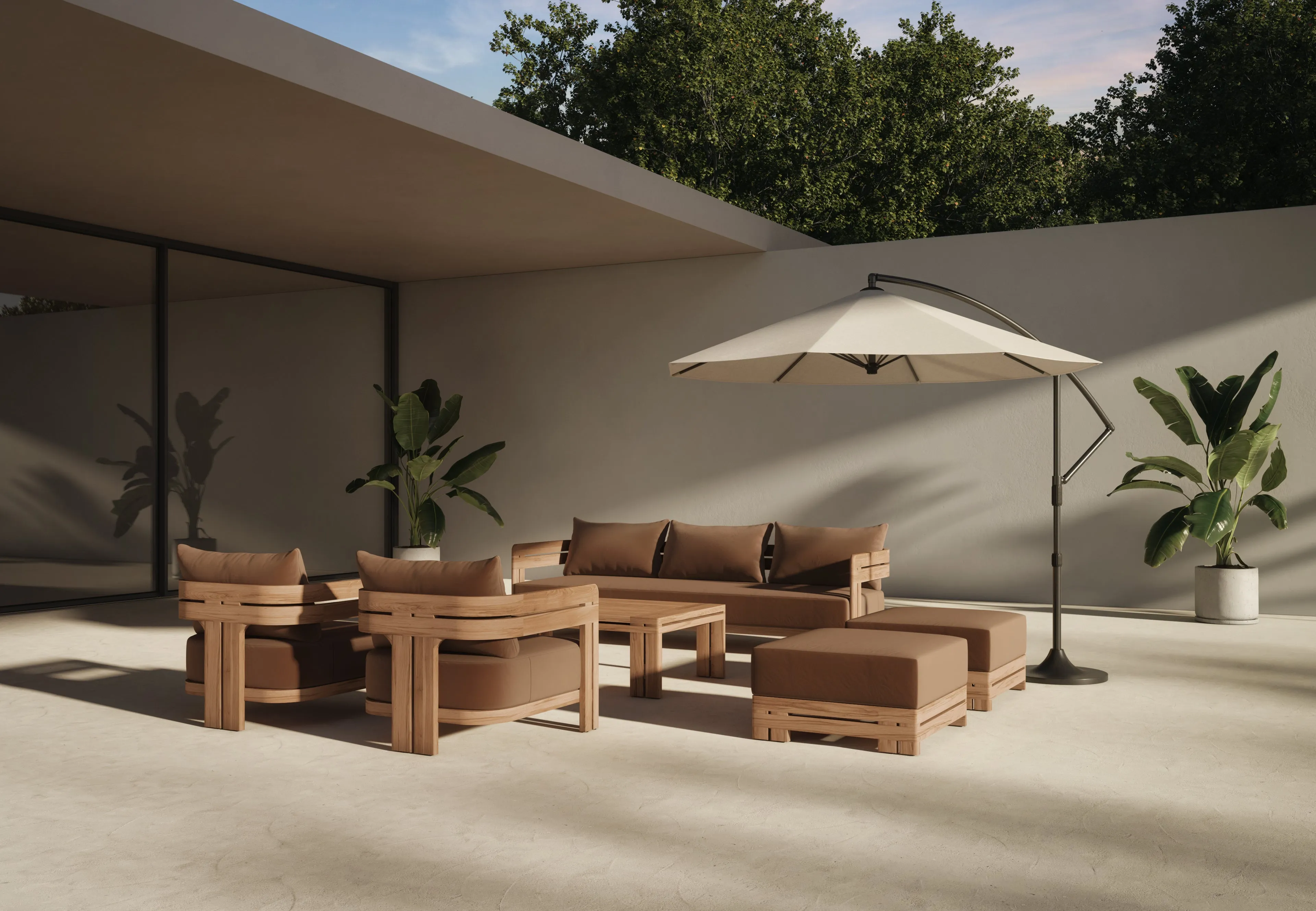 Lusso - Lusso Outdoor Ottoman, Natural Teak with Mocha Cushion