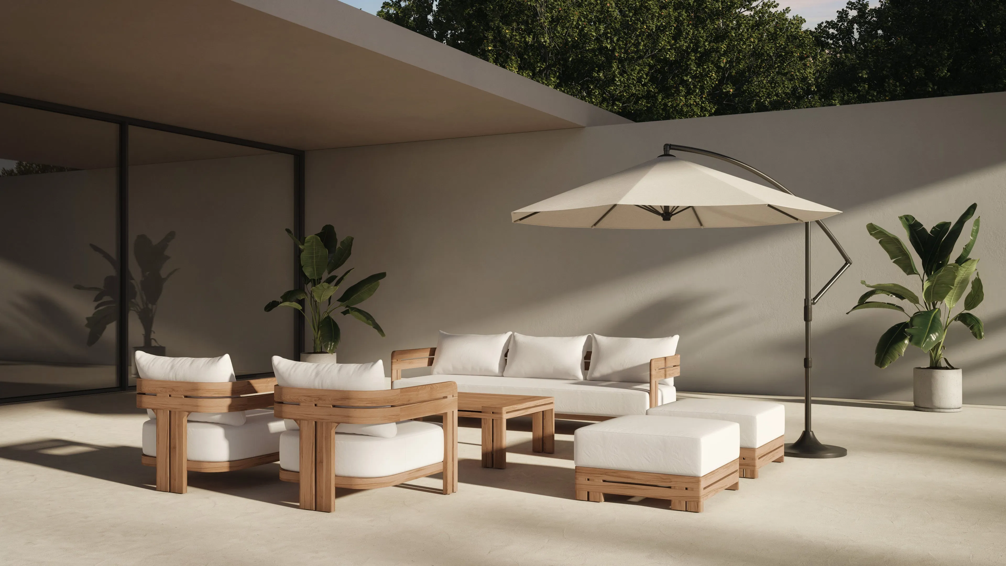 Lusso - Lusso Outdoor Ottoman, Natural Teak with White Cushion