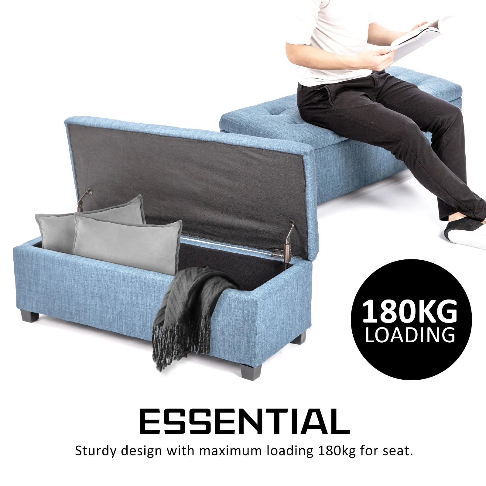 Luxurious Fabric Storage Ottoman Stool, 102cm Grey Blue, La Bella