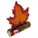 Maple Leaf with Wood Log Shaped Stand and Canada Flag Art .