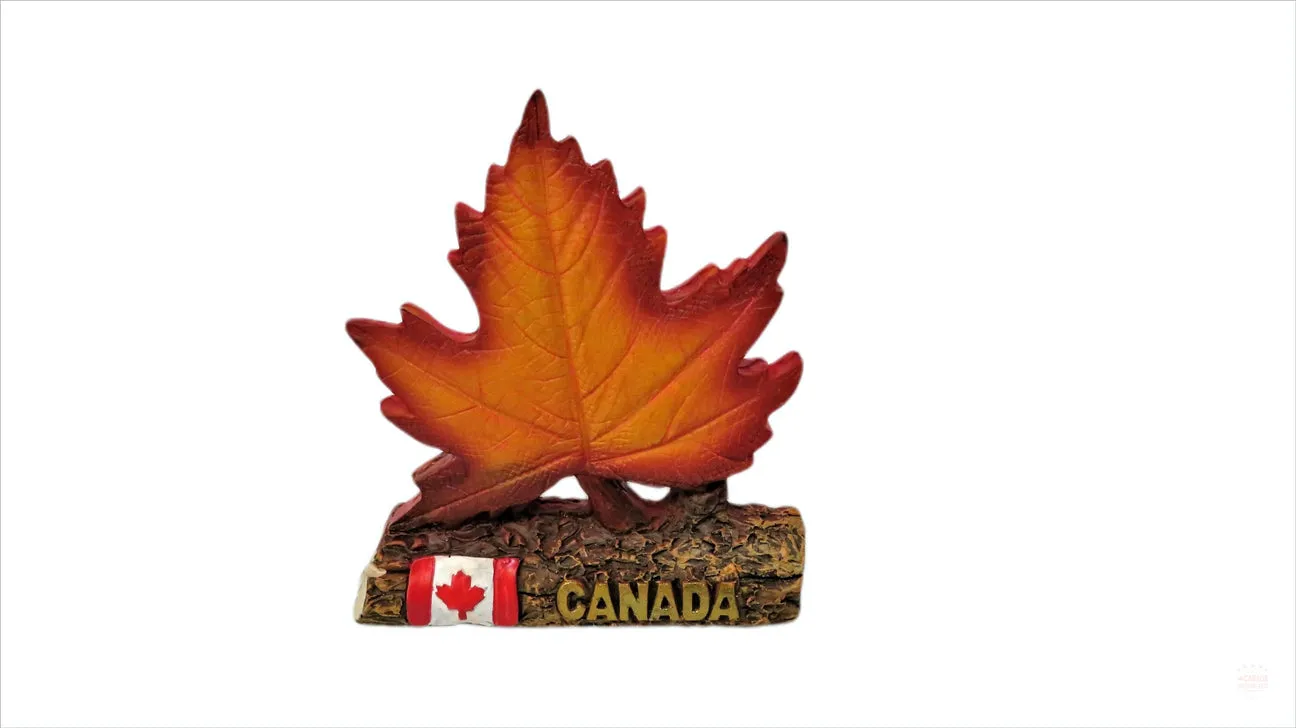 Maple Leaf with Wood Log Shaped Stand and Canada Flag Art .