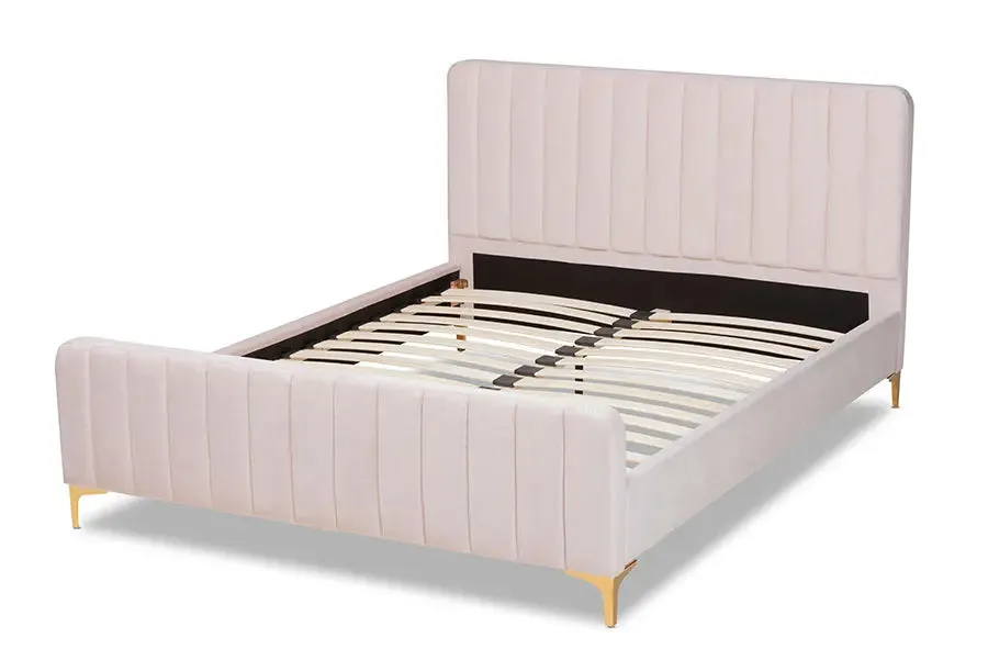 Milana Light Pink Velvet Fabric Upholstered,  Gold Platform Bed (Full)