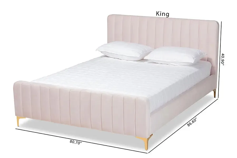 Milana Light Pink Velvet Fabric Upholstered,  Gold Platform Bed (Full)