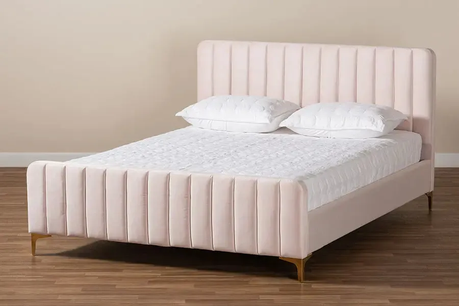 Milana Light Pink Velvet Fabric Upholstered,  Gold Platform Bed (Full)