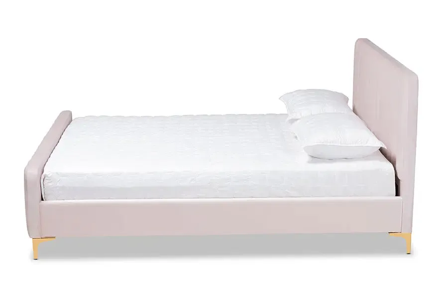 Milana Light Pink Velvet Fabric Upholstered,  Gold Platform Bed (Full)