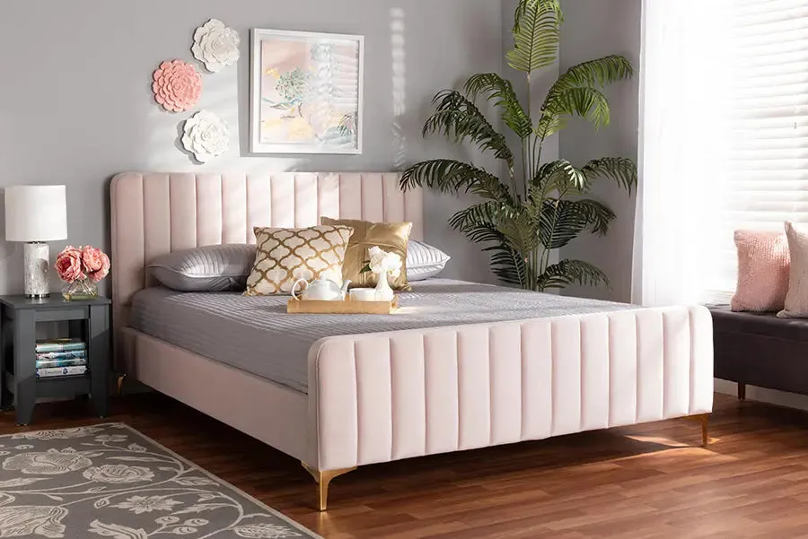 Milana Light Pink Velvet Fabric Upholstered,  Gold Platform Bed (Full)