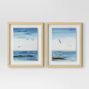 New - (Set of 2) 16" x 20" Seascape Framed Art Set Natural - Threshold