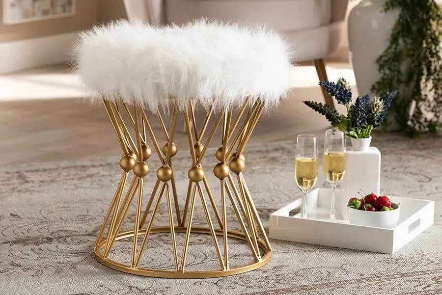 Nolan White Faux Fur Upholstered Gold Finished Metal Ottoman