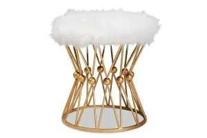 Nolan White Faux Fur Upholstered Gold Finished Metal Ottoman