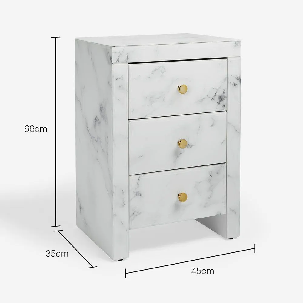 Onyx Marble Nightstand with 3 Drawers - White