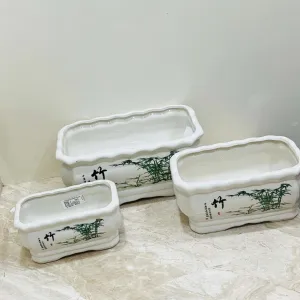 Oriental Hand-Painted Bamboo Ceramic Planter – Set of 3