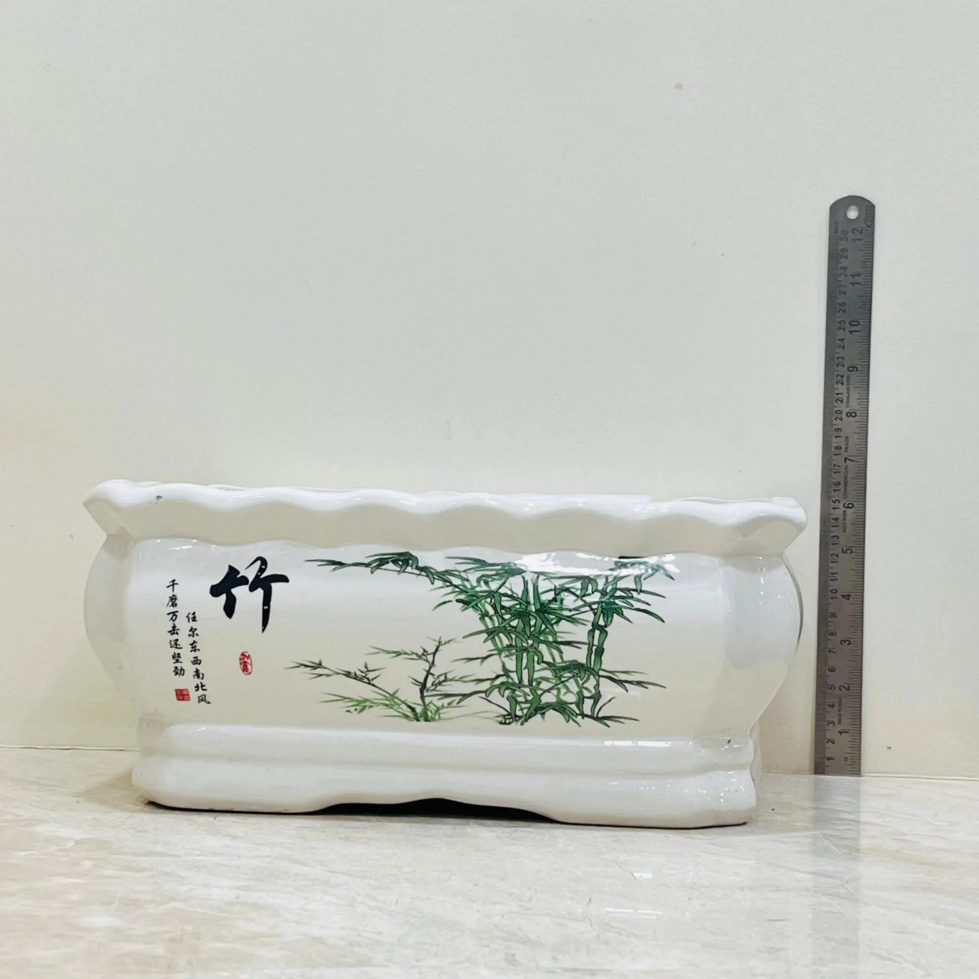 Oriental Hand-Painted Bamboo Ceramic Planter – Set of 3