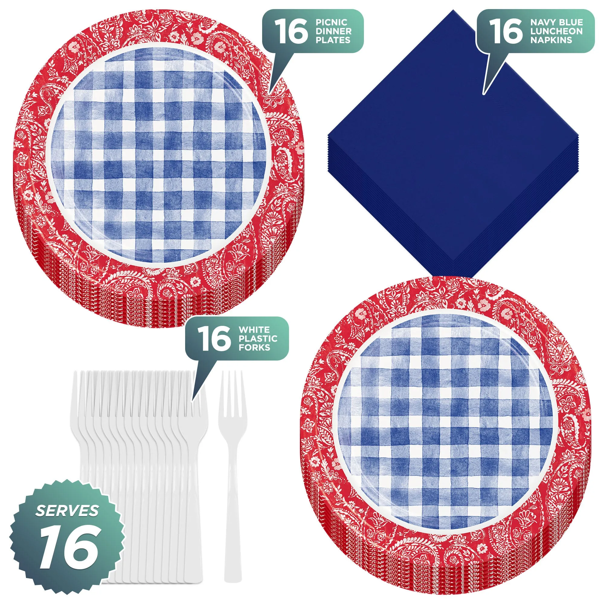 Paisley & Plaid Lemonade Picnic Blue Gingham Paper Plates, Napkins, and Forks (Serve 16)