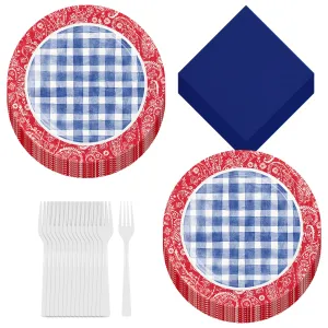 Paisley & Plaid Lemonade Picnic Blue Gingham Paper Plates, Napkins, and Forks (Serve 16)