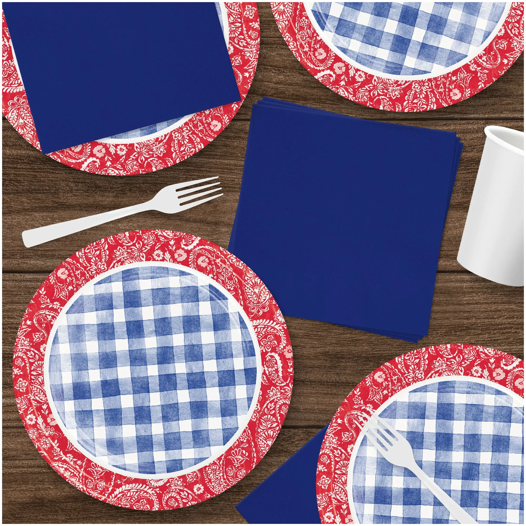 Paisley & Plaid Lemonade Picnic Blue Gingham Paper Plates, Napkins, and Forks (Serve 16)