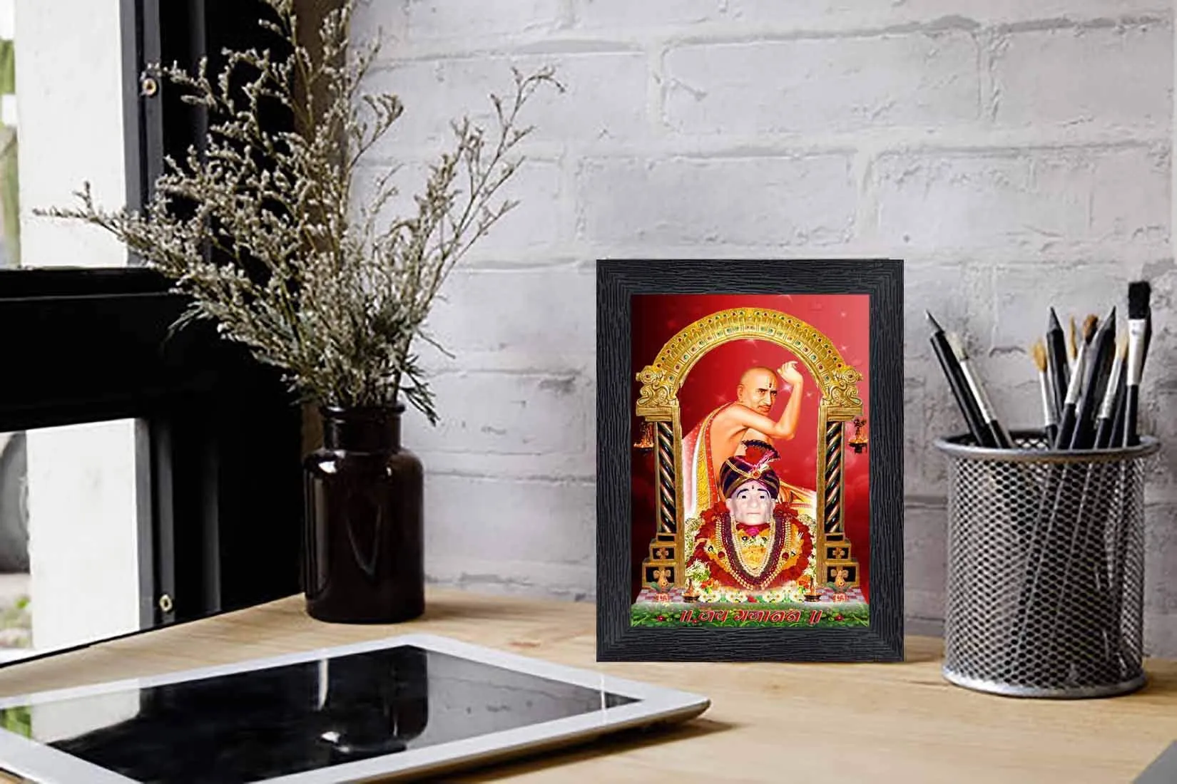 PnF Shri Gajanan Maharaj Religious Wood Photo Frames with Acrylic Sheet (Glass) for Worship/Pooja(photoframe,Multicolour,8x6inch)-20492, Wall Mount