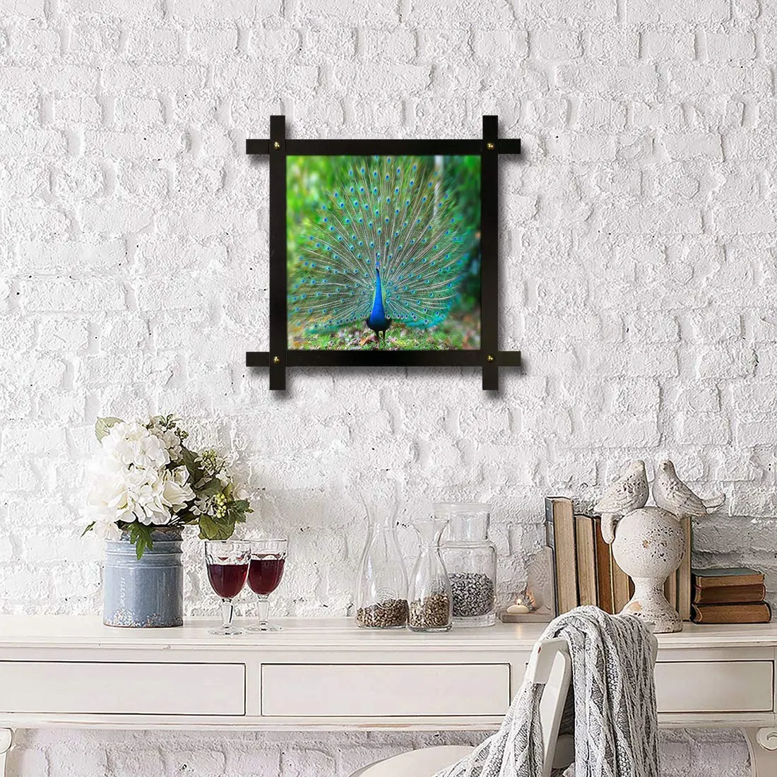 Poster N Frames Cross Wooden Frame Hand-Crafted with Photo of Peacock Size (16.5x16.5inch,Wood,Multicolour)