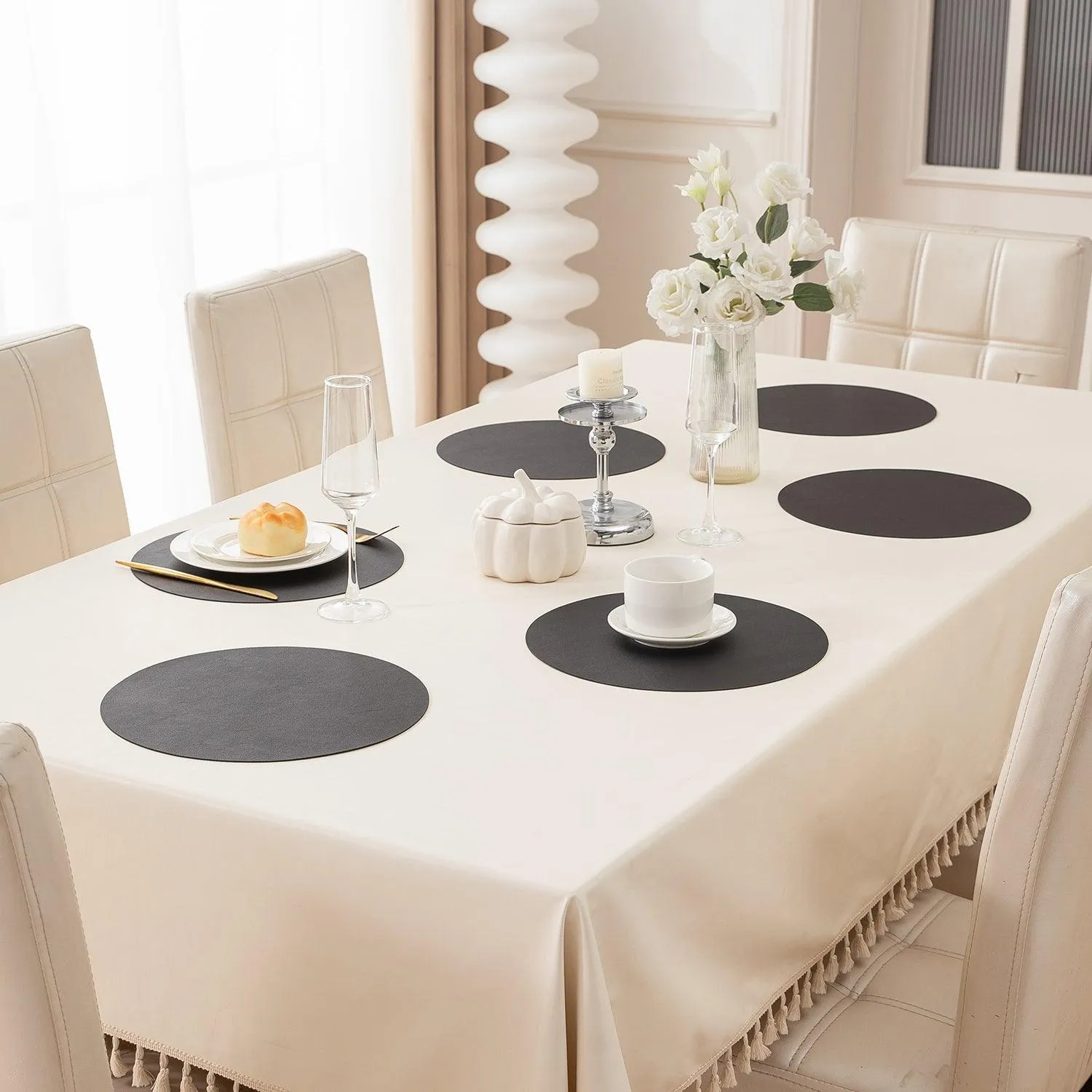 Premium Faux Leather Dining Table Round Mats, Black