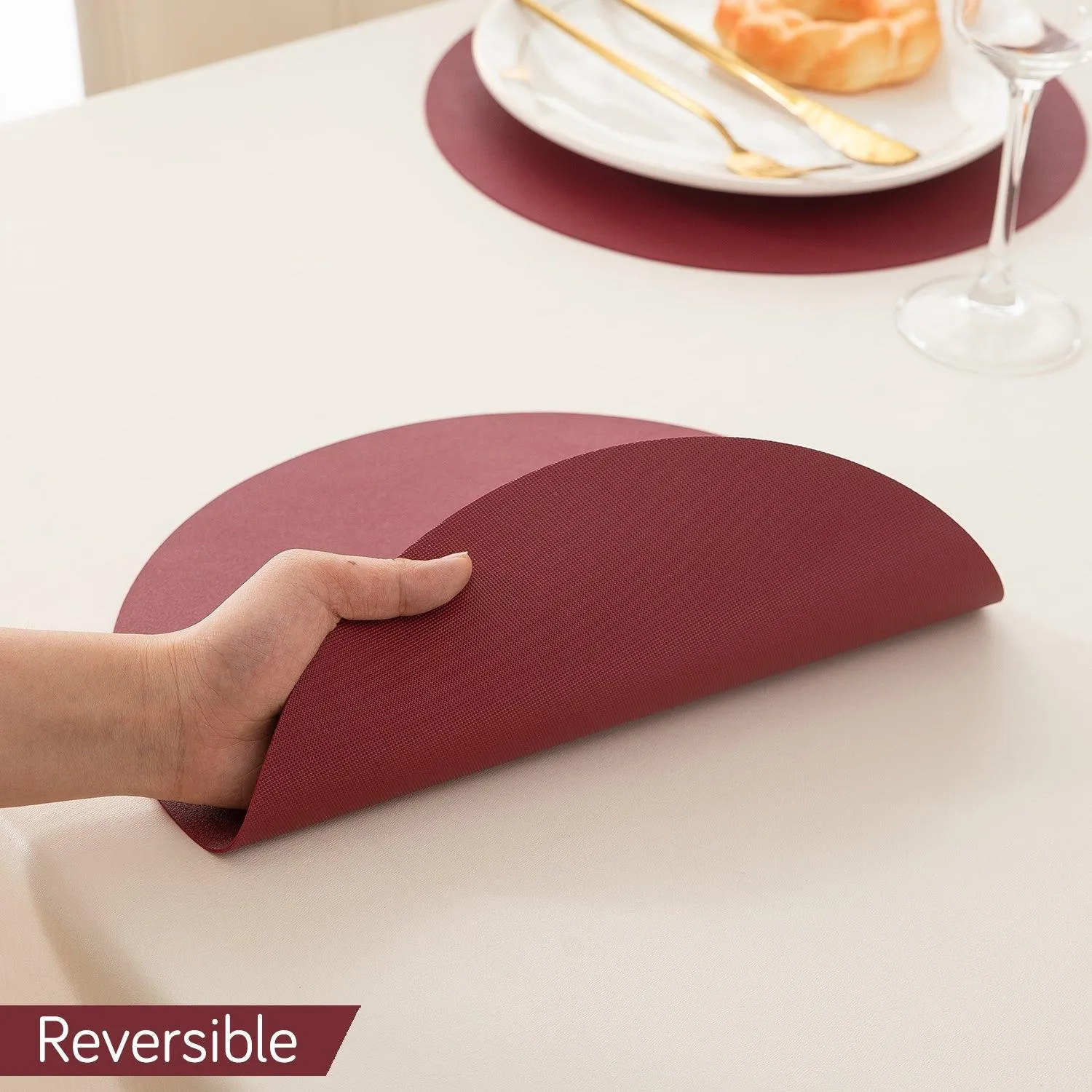 Premium Faux Leather Dining Table Round Mats, Maroon