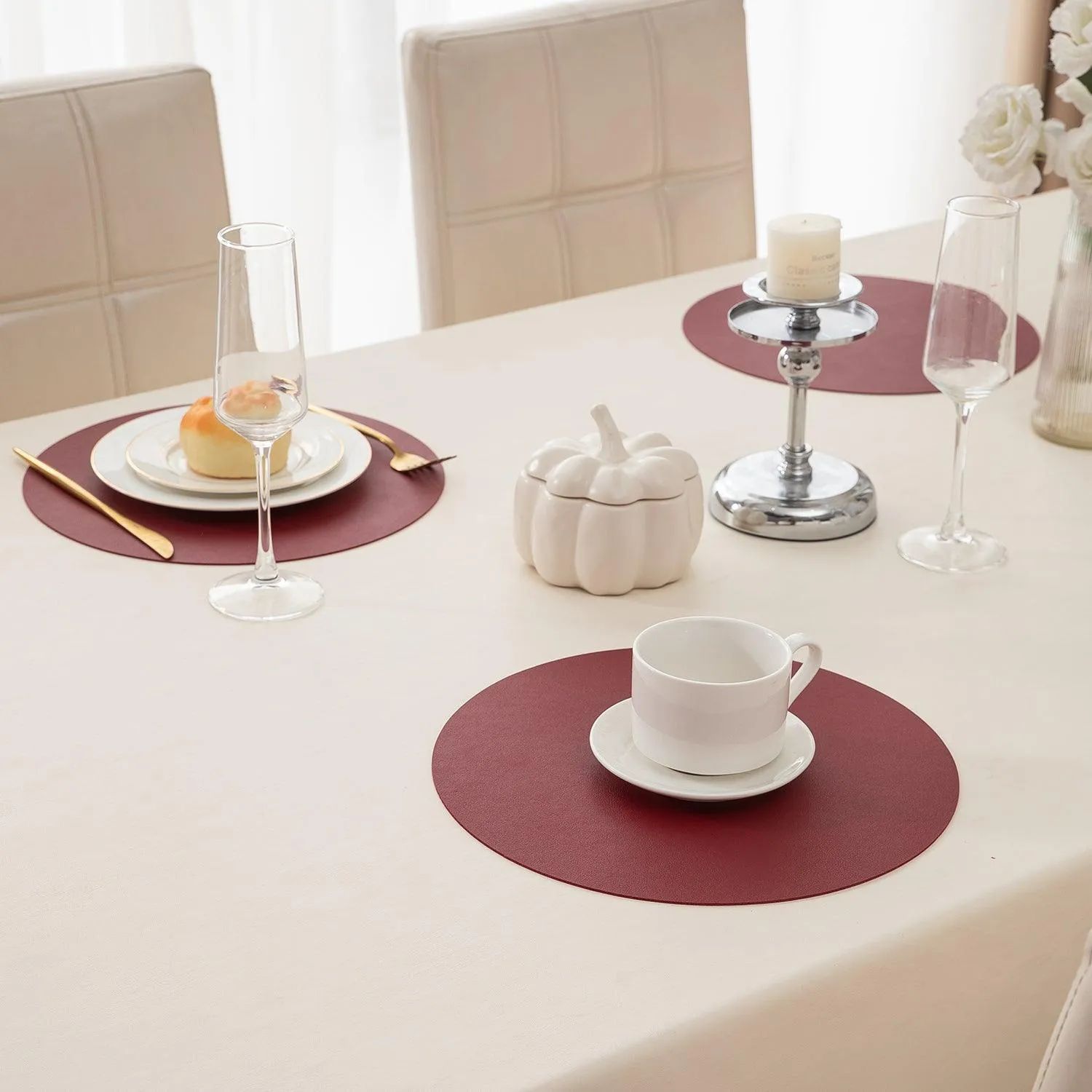 Premium Faux Leather Dining Table Round Mats, Maroon