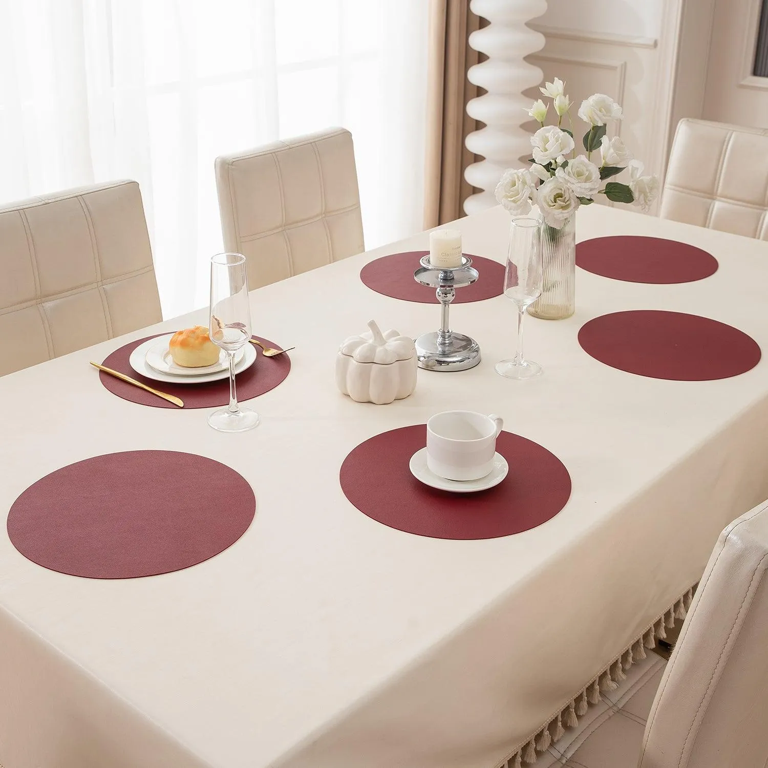 Premium Faux Leather Dining Table Round Mats, Maroon