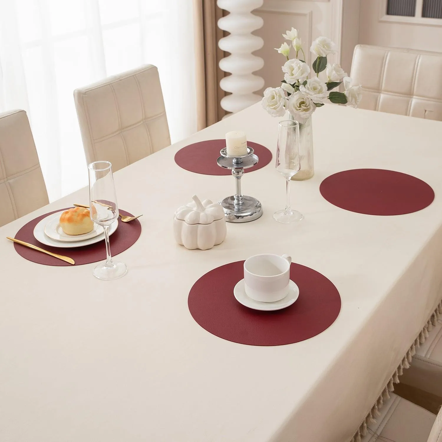 Premium Faux Leather Dining Table Round Mats, Maroon