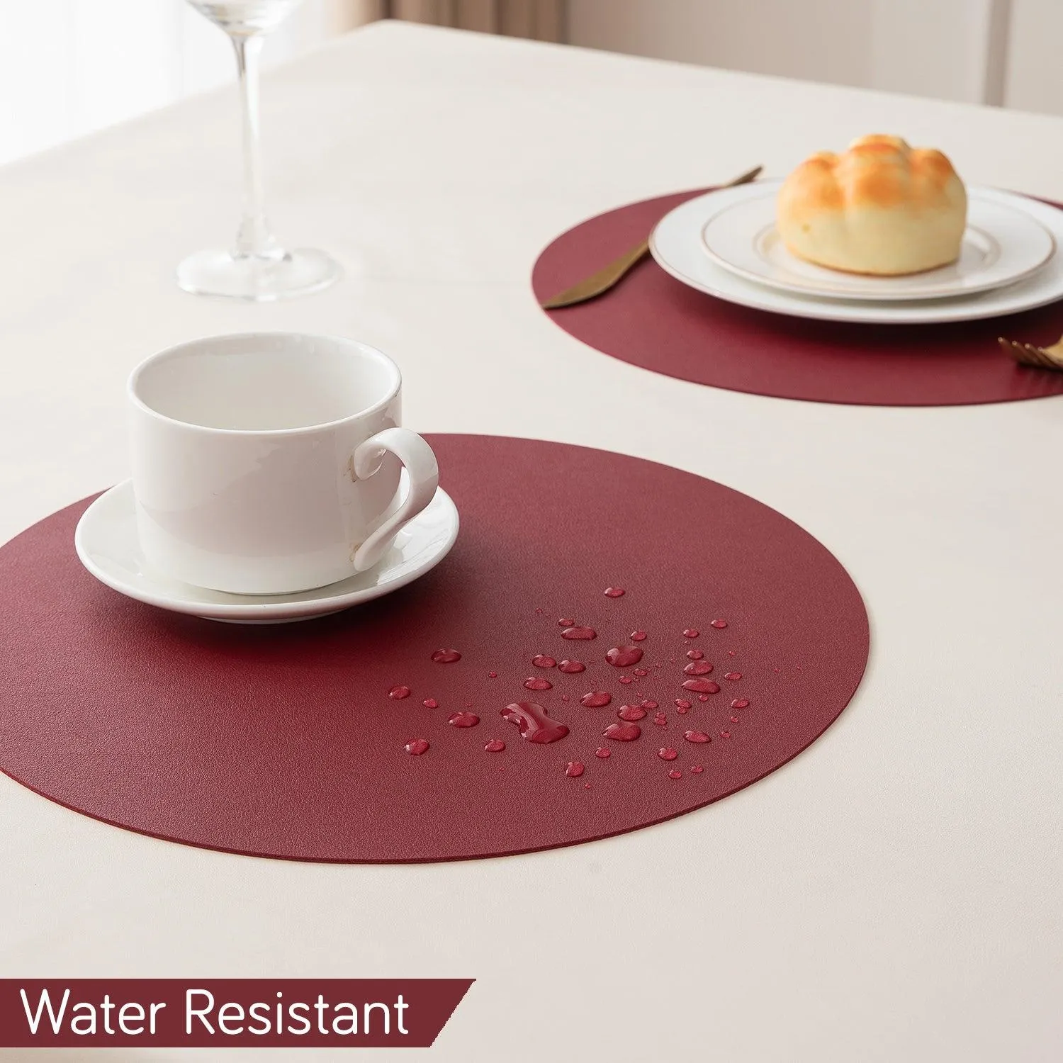 Premium Faux Leather Dining Table Round Mats, Maroon