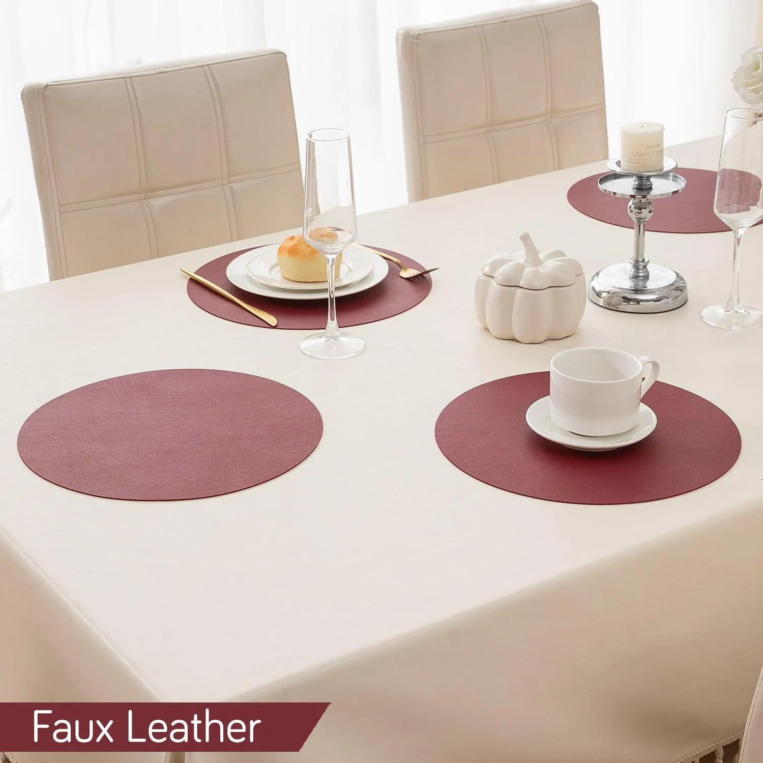 Premium Faux Leather Dining Table Round Mats, Maroon