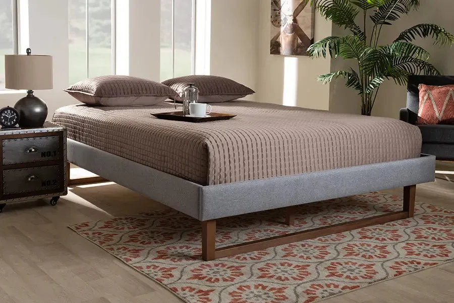 Quinn Light Gray Fabric Walnut Brown Wood Platform Bed (King)