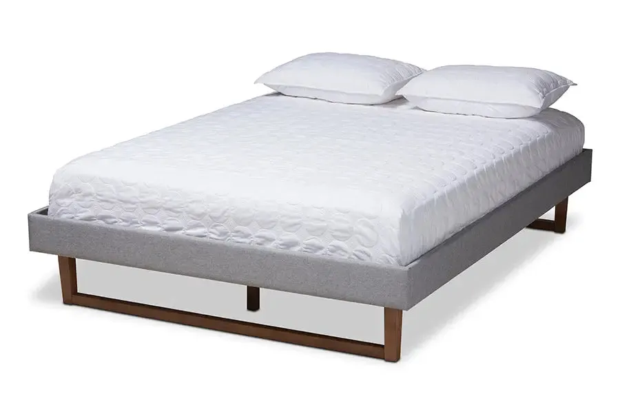 Quinn Light Gray Fabric Walnut Brown Wood Platform Bed (King)