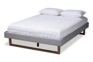 Quinn Light Gray Fabric Walnut Brown Wood Platform Bed (Queen)