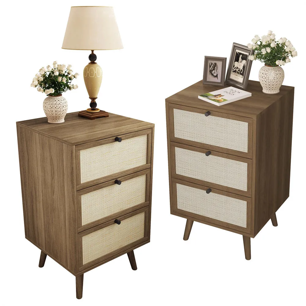 Rattan Nightstand Set of 2 Wood End Table with 3 Hand Made Rattan Decorated Drawers